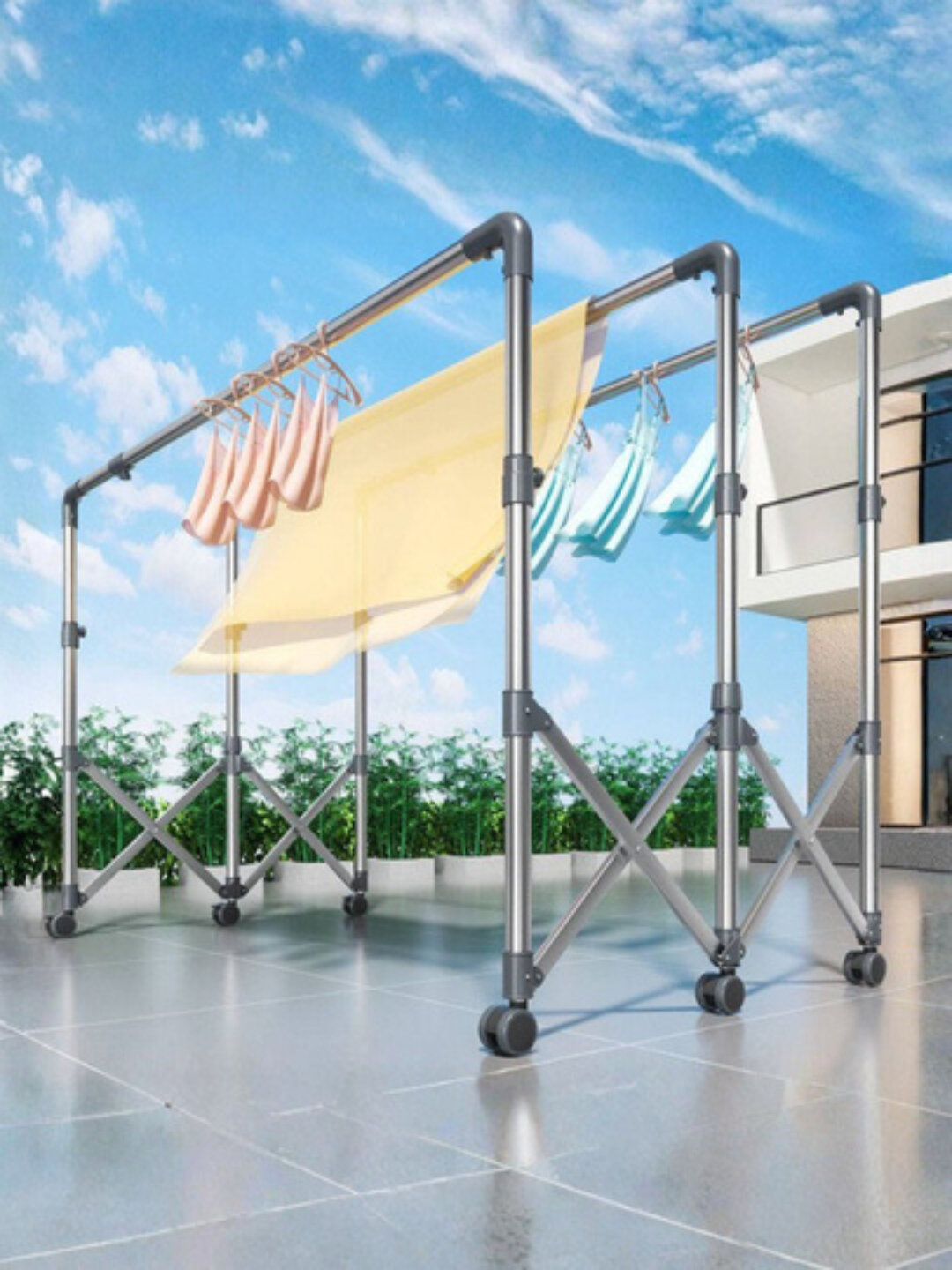 Раздвижная, 3-рядная, металлическая сушилка для белья, на колёсах, усиленная - Белый