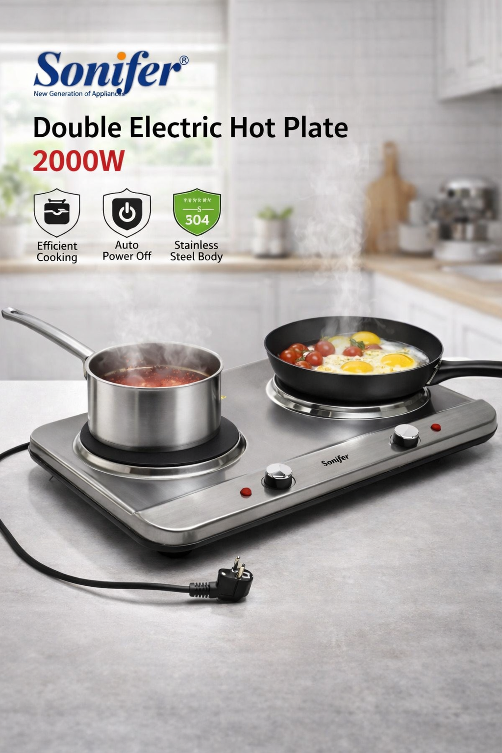 Электрическая плита Sonifer SF-3052, 2 конфорки, нержавеющая сталь, Кухонная электрическая плита