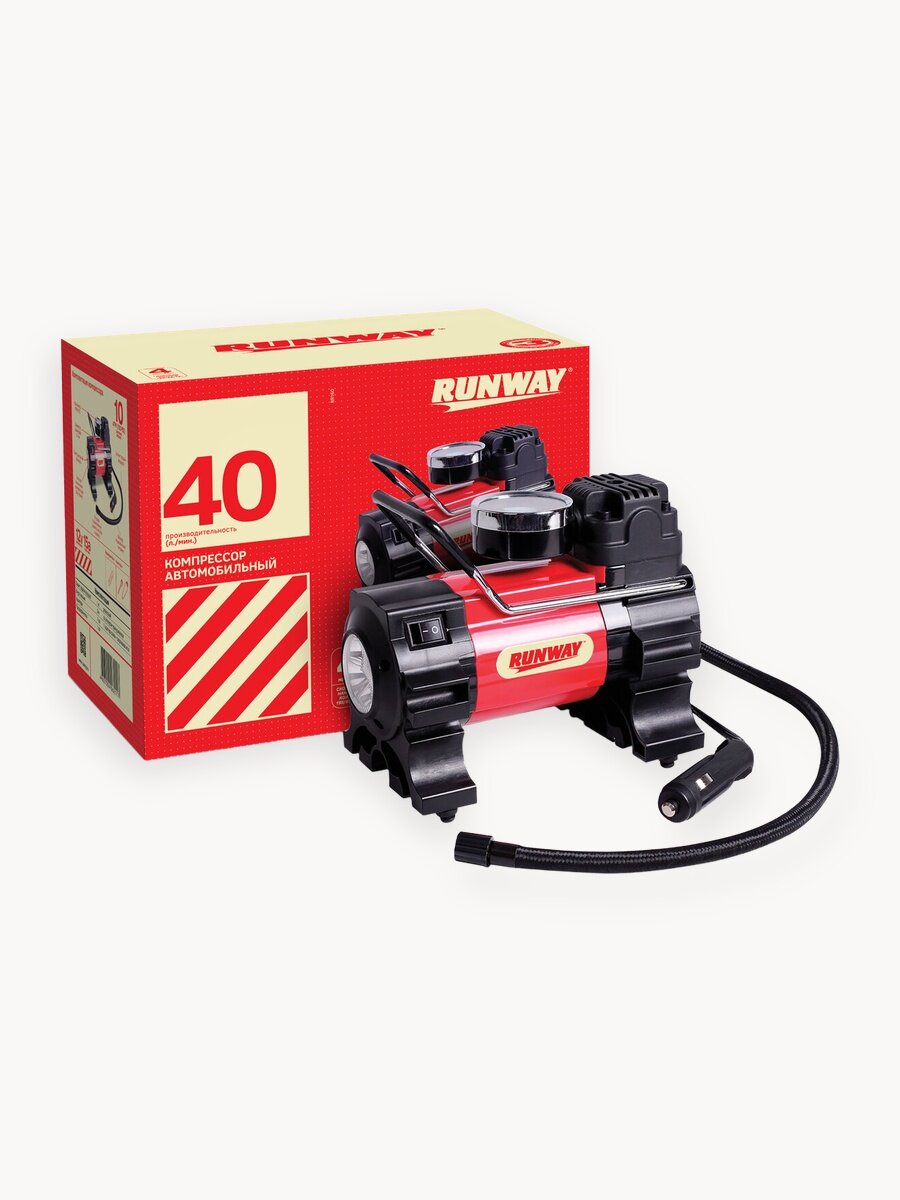 Компрессор автомобильный RUNWAY RR160 с фонарём, 12V, 40л/мин
