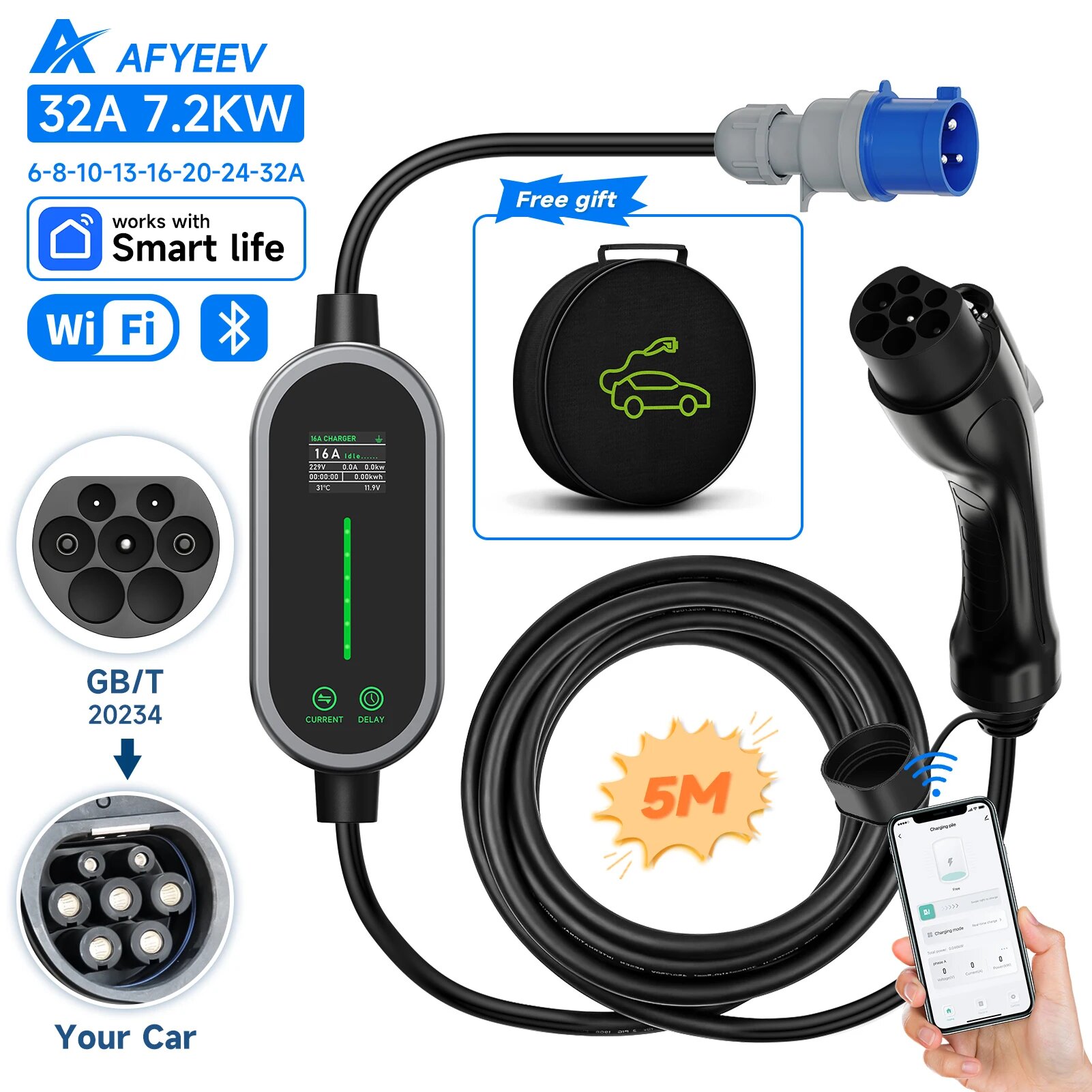 AFYEEV 7,2 кВт, 32 А, тип 2, зарядное устройство для электромобилей, тип 1 ГБ/T, зарядный кабель EVSE, 3-контактный разъем CEE, Wi-Fi, Bluetooth, приложение, дистанционное управление, 5 метров, 5m gbt