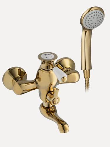 Изображение товара Смеситель для ванной в ретро стиле с душевым набором и коротким поворотным изливом, золотой