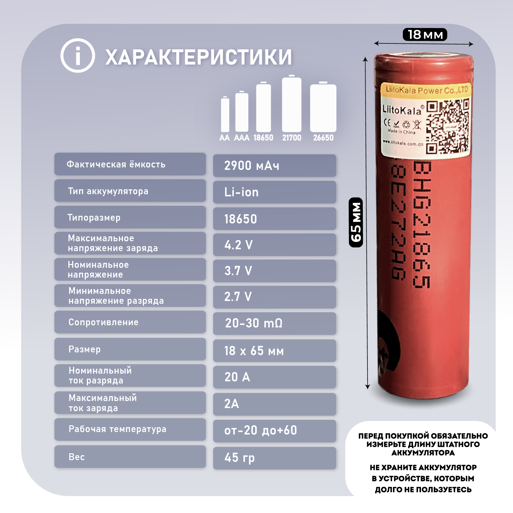 Аккумулятор 18650 высокотоковый от 2900mAh LiitoKala HG2, Li-ion, до 20A, 2 шт. — фото 1