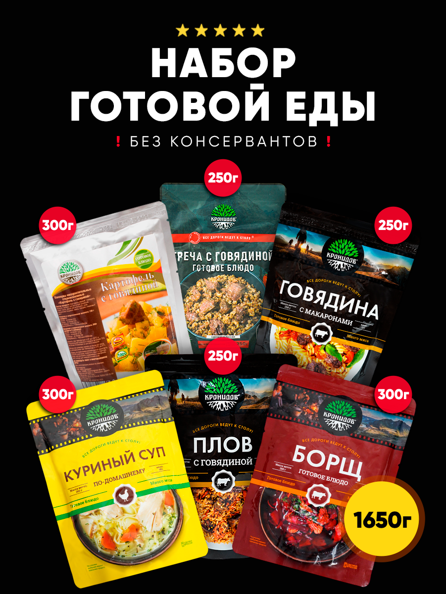 Кронидов Набор из 6 готовых блюд в фольге Картофель с говядиной/ Греча с говядиной/ Макароны с говядиной/ Куриный суп по-домашнему/ Плов с говядиной/ Борщ. Консервированные блюда