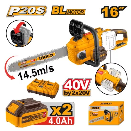 Аккумуляторная цепная пила INGCO CGSLI401682 40В(20В+20В) 4,0Ач — фото 1