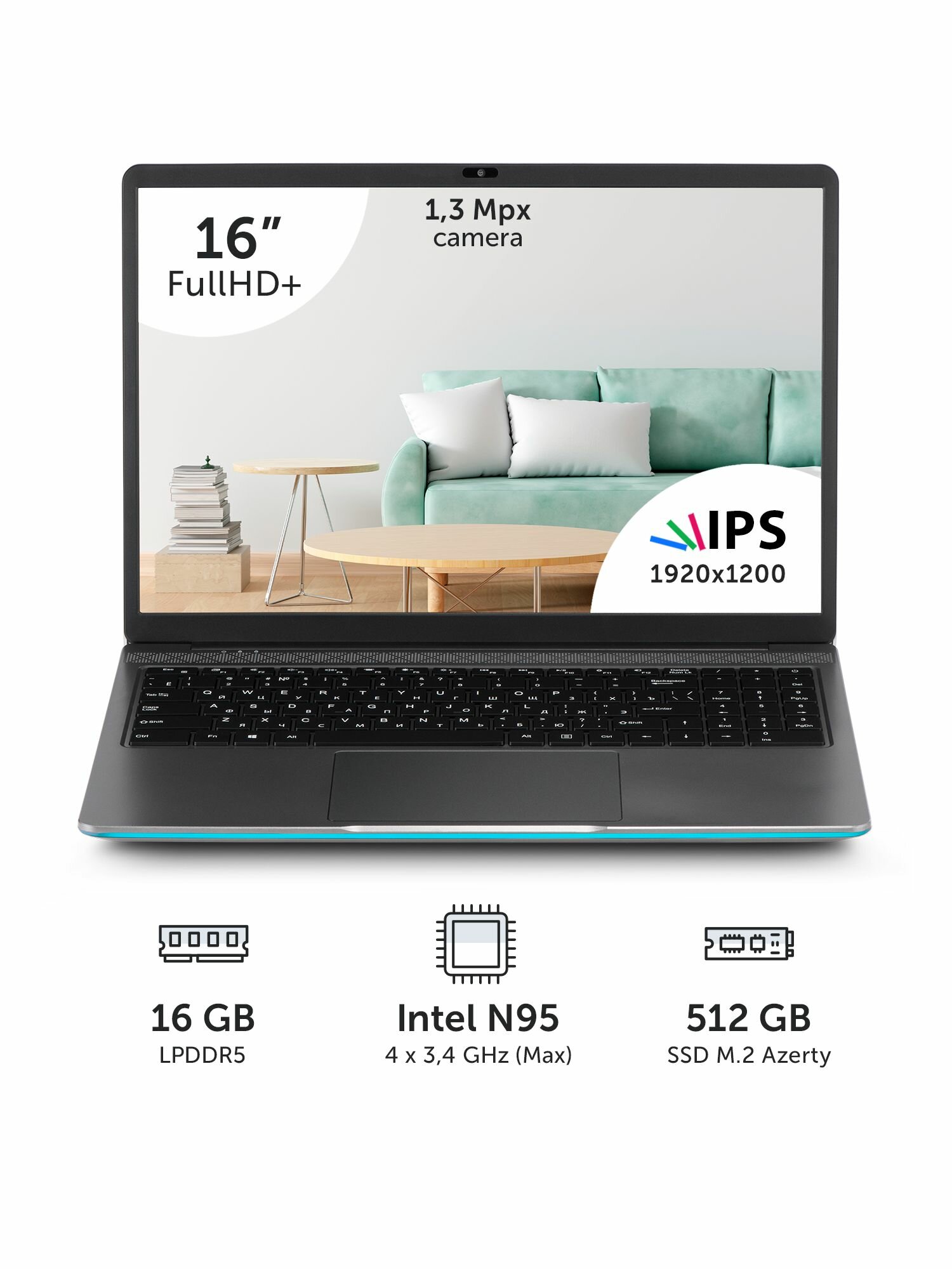 Ноутбук Azerty RB-1651 (16" IPS 1920x1200 Intel N95 4x1.7GHz, 16Gb LPDDR5, 512Gb SSD)