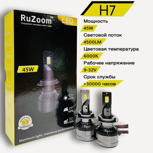 Изображение товара Светодиодные лампы LED 45W RuZoom с цоколем H7, комплект 2 шт.