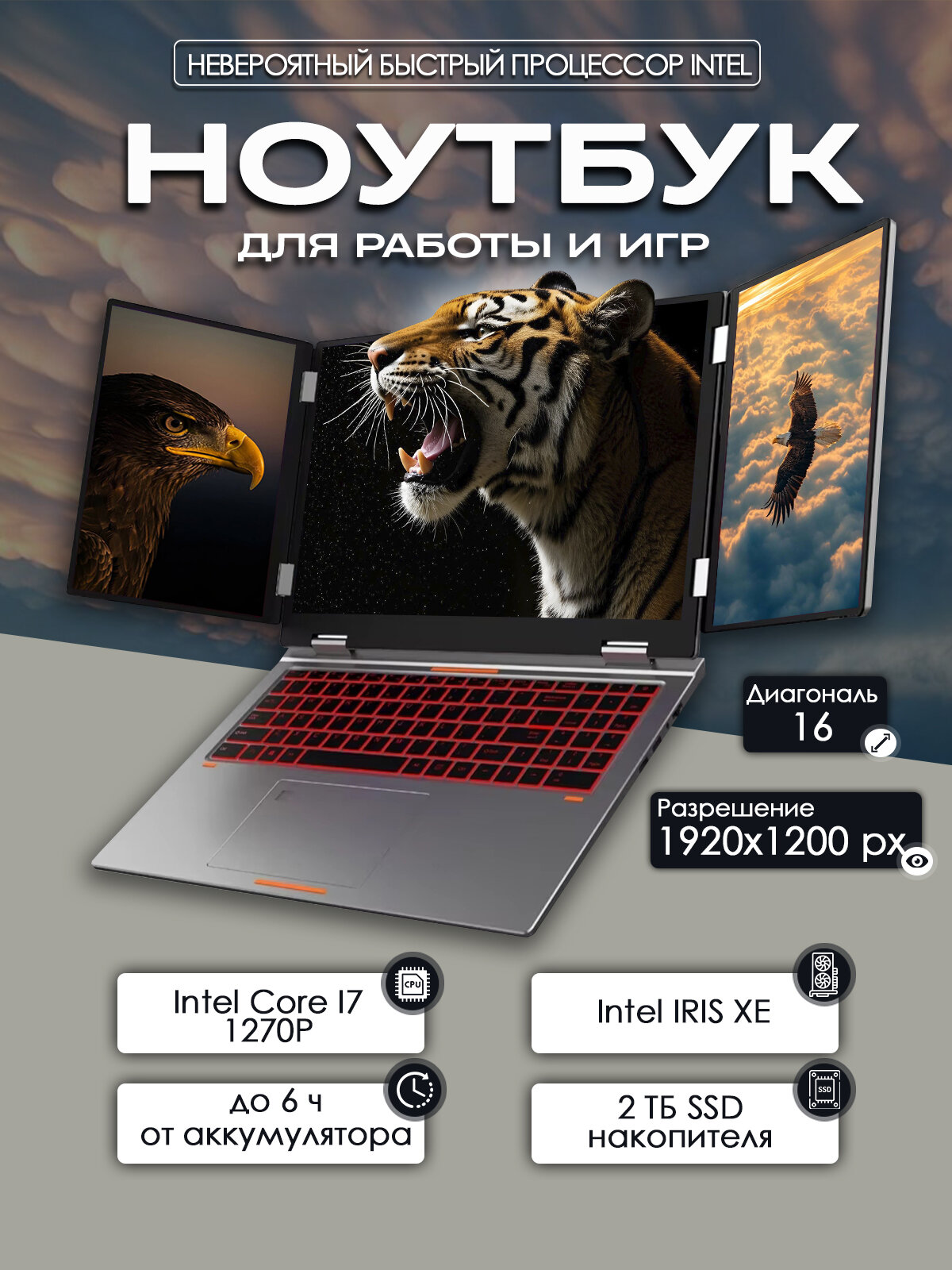 Ноутбук трансформер ElitePC 16", Intel Core i7-12670P (4.70 GHz), RAM 32GB, SSD 2TB, Intel Iris Xe Graphics , Windows 10Pro