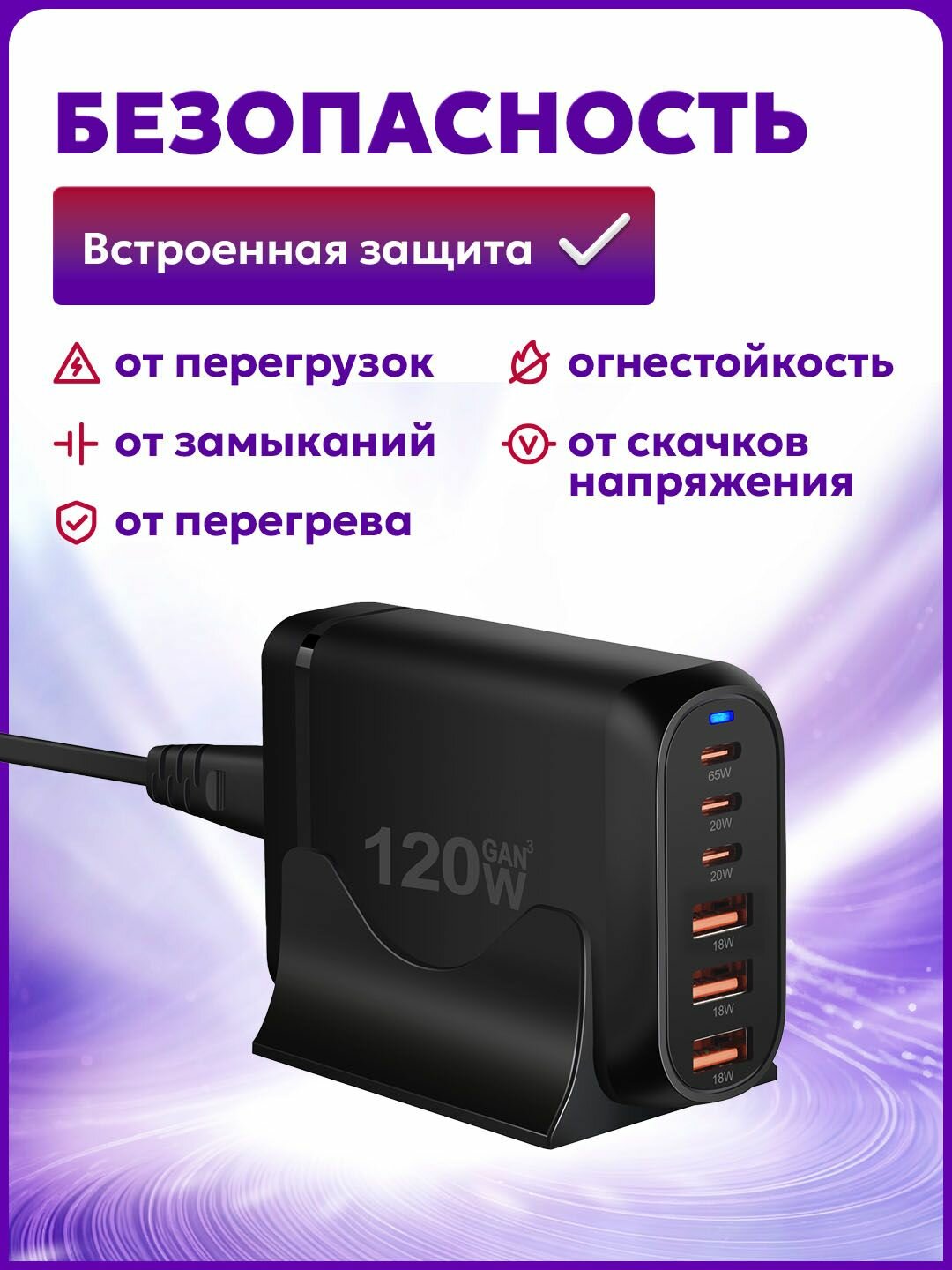 Gan зарядка. Зарядное устройство для телефона 120w быстрая зарядка. Type-C и USB. Блок питания для телефона. Чёрный — фото 1