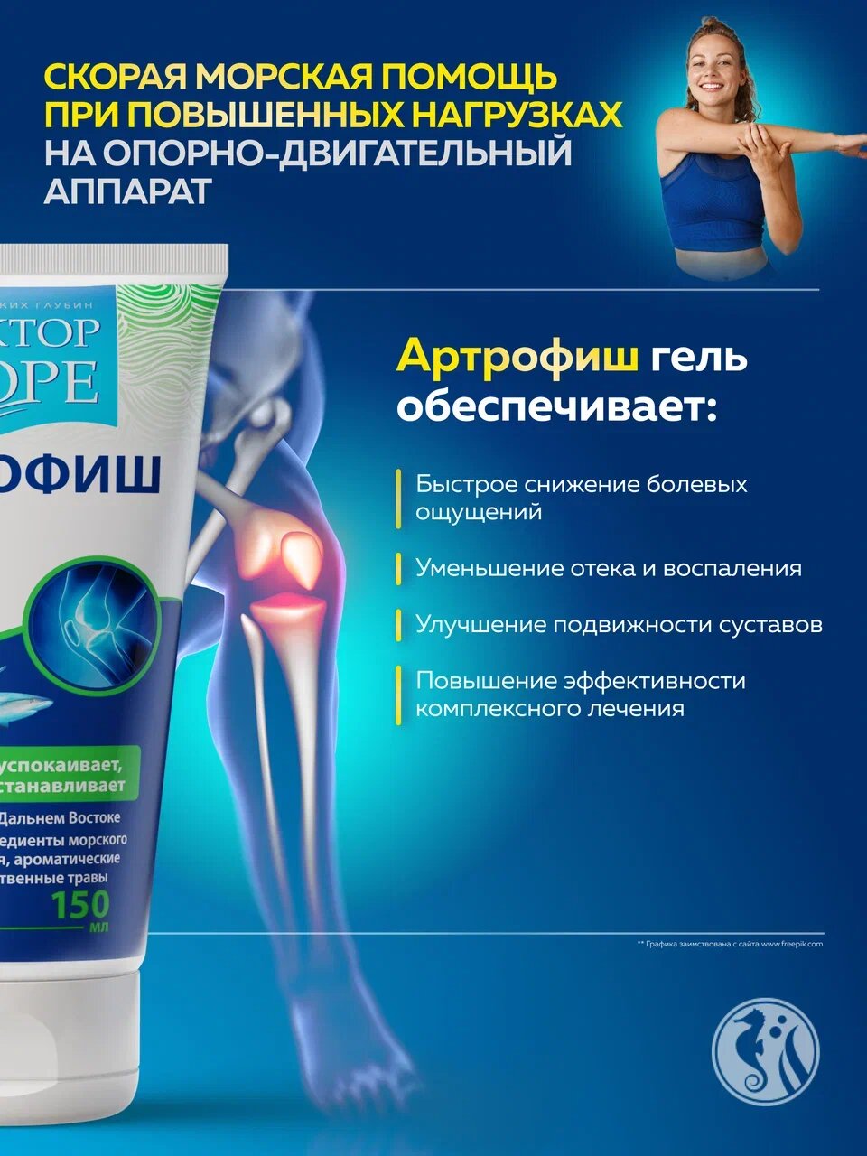 Артрофиш - охлаждающий гель для суставов с глюкозамином и хондроитином, обезболивающая мазь с охлаждающим эффектом от боли в суставах 150 мл. — фото 1