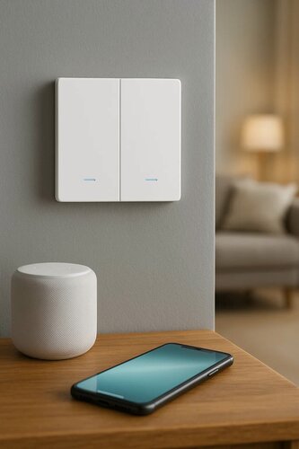 Изображение товара Умный выключатель Tuya с Алисой и WIFI, механический, двухклавишный белый матовый, без нуля, умный дом Яндекс