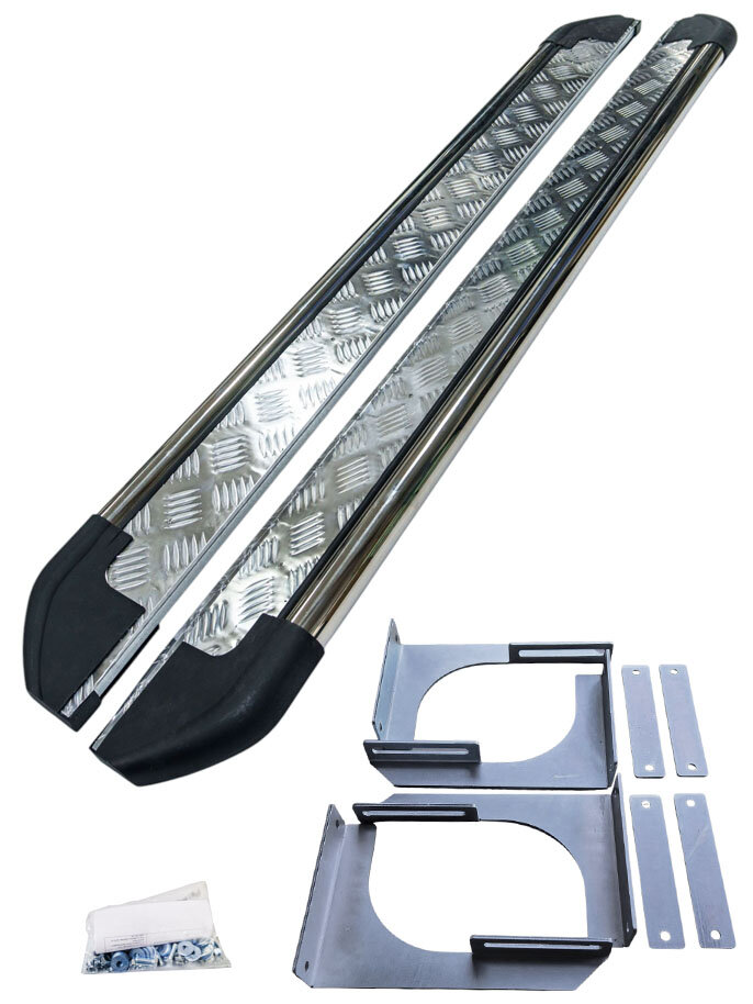 Пороги площадки нержавеющие с дюралевой площадкой New для Dodge Ram двойная кабина (240 см Пороги площадки) с креплениями