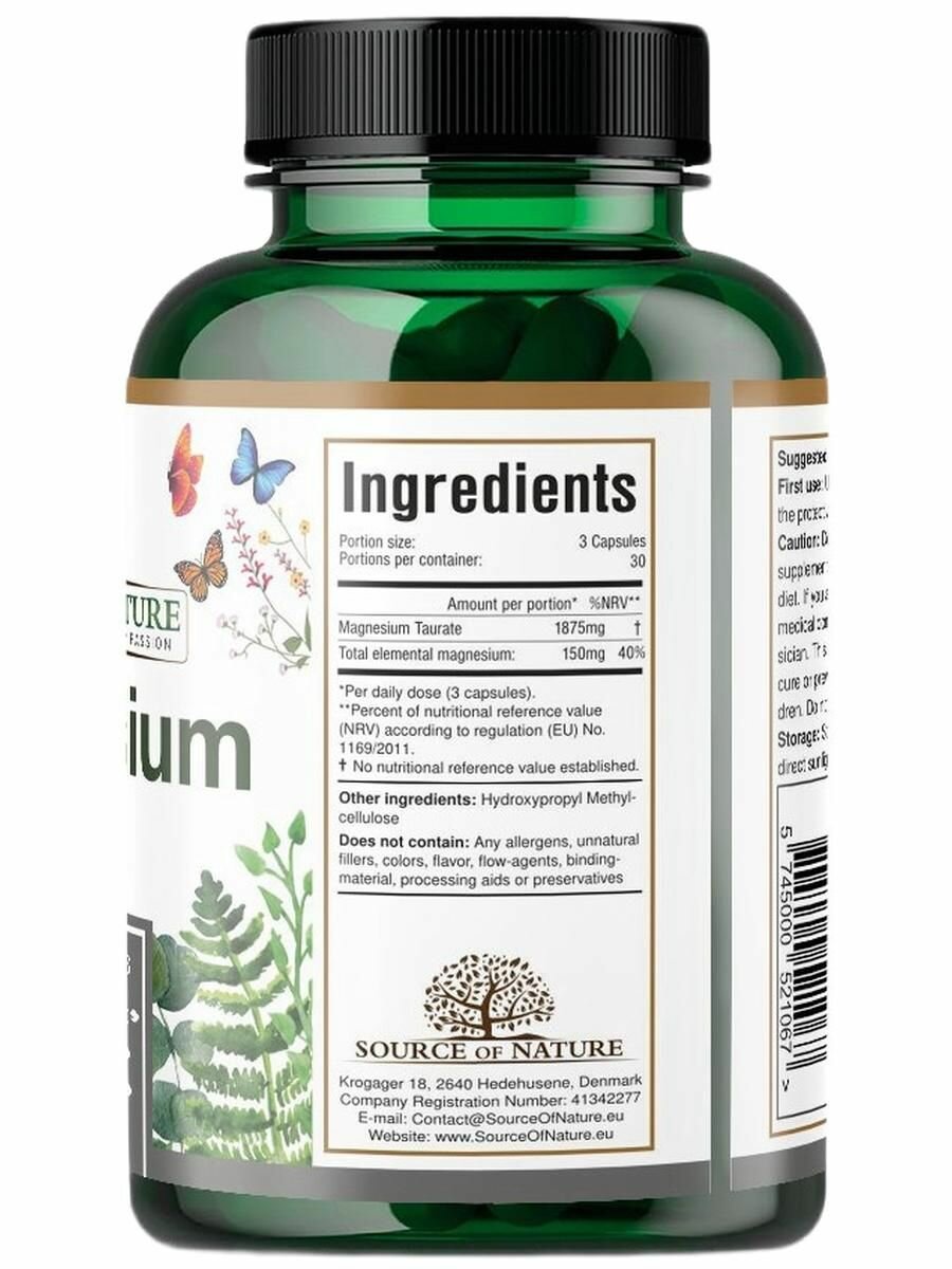 Магний таурат Source of Nature 1875 мг 90 капсул, для сердца, нервной системы и мышц — фото 1
