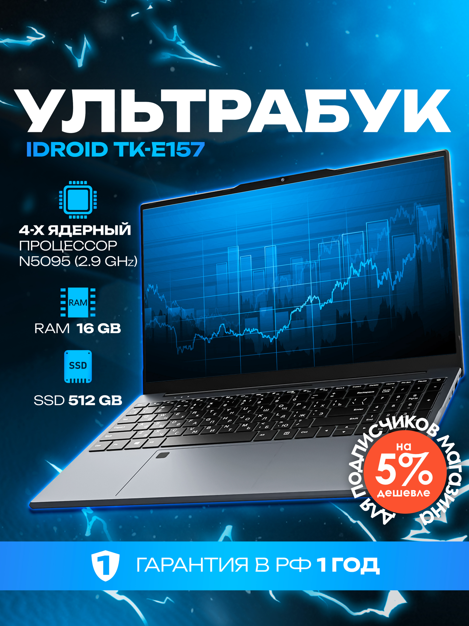 Ноутбук iDROID TK-E157, 15,6" Intel Celeron N5095 (2.9 GHz, 4 ядра), RAM 16 GB, SSD 512 GB, Windows 11 Pro