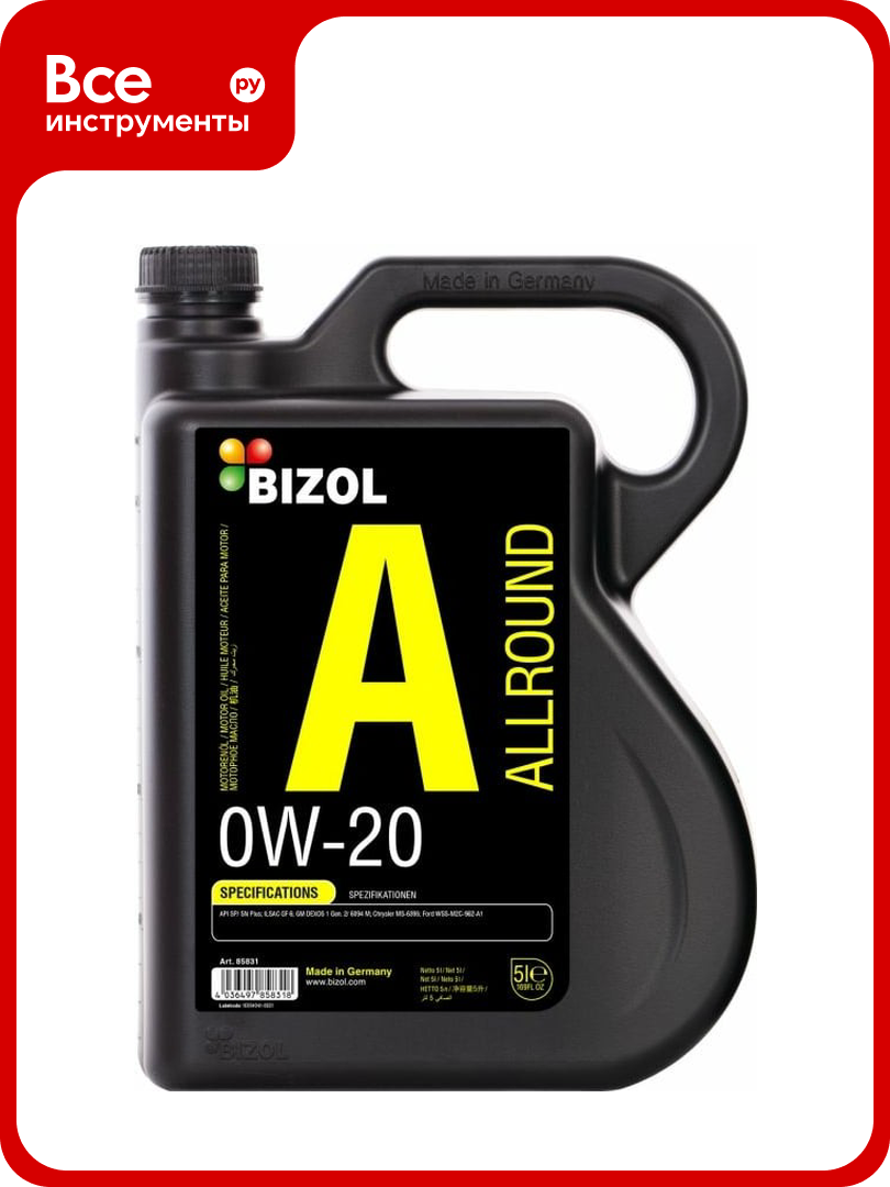 НС-синтетическое моторное масло Bizol Allround 0W-20, SP, GF-6A, 5 л 85831