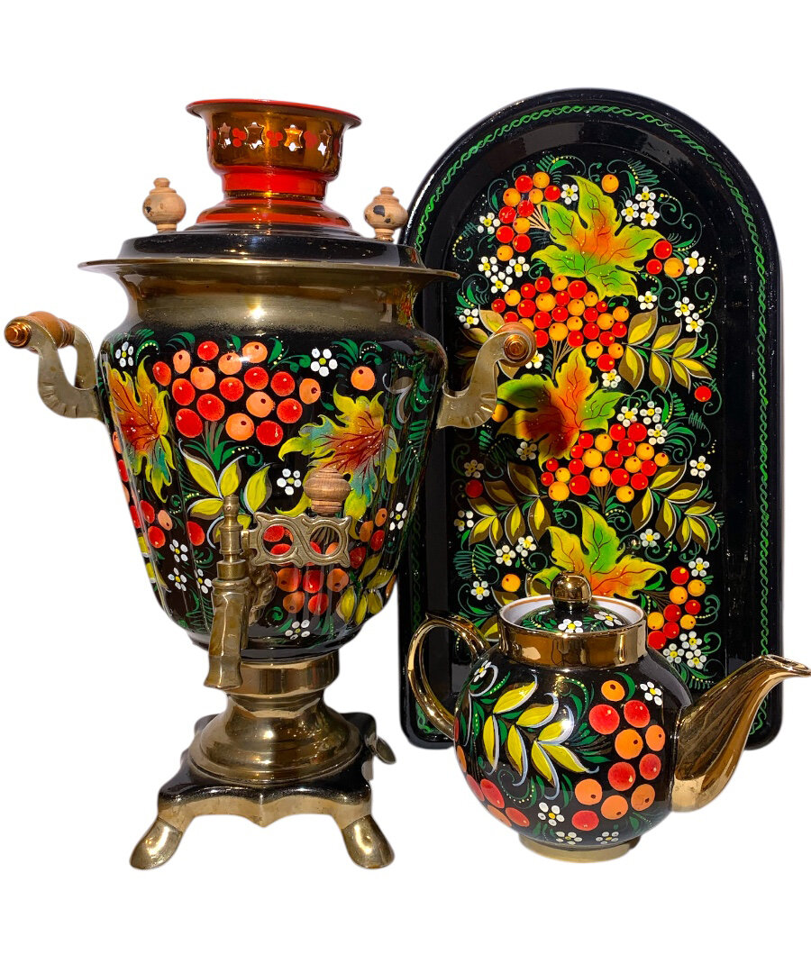 Самовар «Кленовый лист» электрический формой рюмка 3л в наборе с подносом и чайником