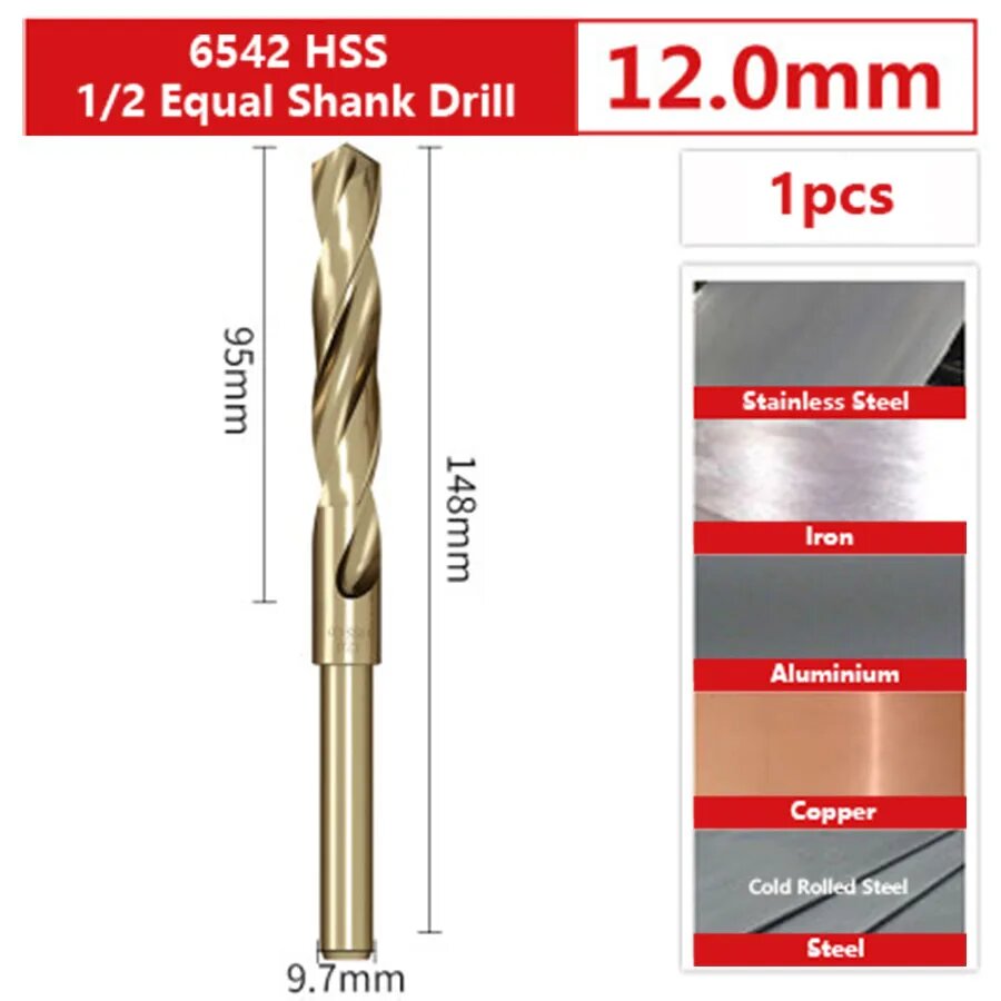 1/2 спиральное металлическое сверло с одинаковой ручкой, маленькая ручная дрель с ЧПУ, высокоскоростная нержавеющая сталь, сталь, термоусадочная ручка, сверло из железа и алюминия, 12.0mm 1pcs
