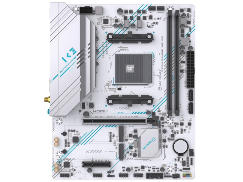 Материнская плата Maxsun MS-B550M GAMING WIFI ICE B550, AM4, 2*DDR4, 1*PCIEx16, 1*PCIEx4, 1*PCIEx1, 2*M.2, 4*USB3.2Gen1, 6*USB2.0, 2*SATA3.0, 1G, DP, HDMI, M-ATX, RTL