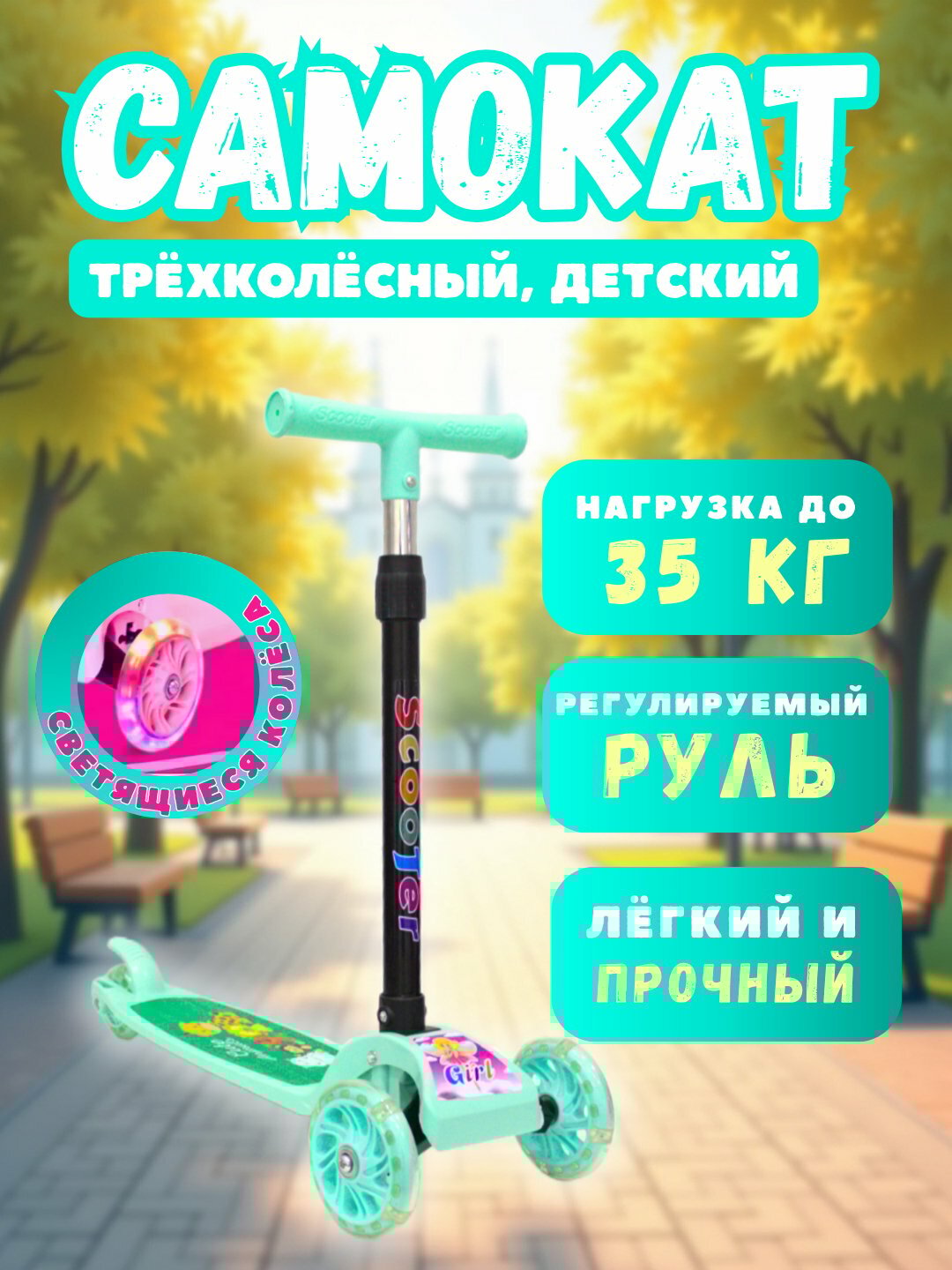 Детский трёхколёсный самокат, с LED колесами, нагрузка до 35 кг, регулируемый руль