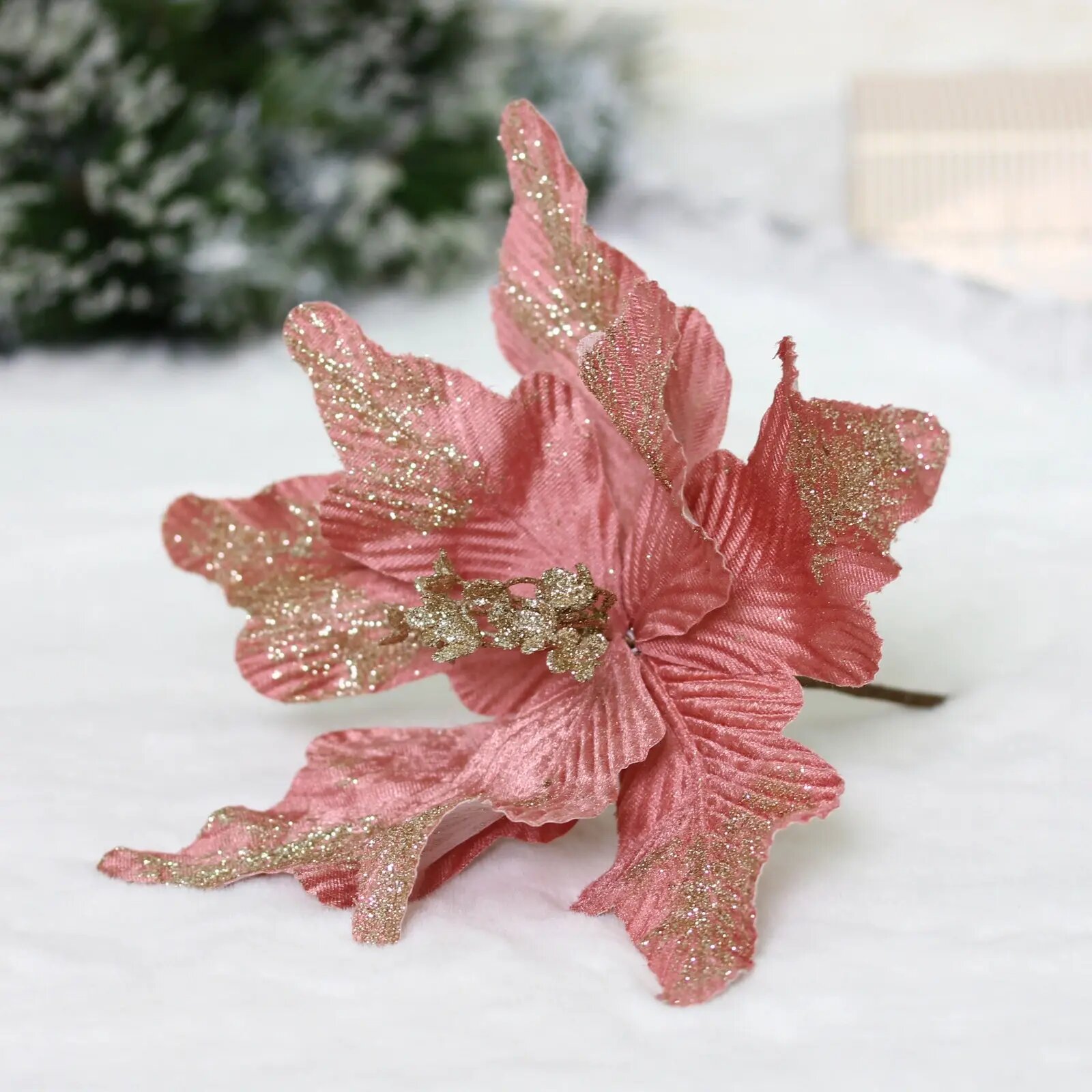 Украшение новогоднее «Пуансеттия - Нежность» 25 см розовое золото текстиль