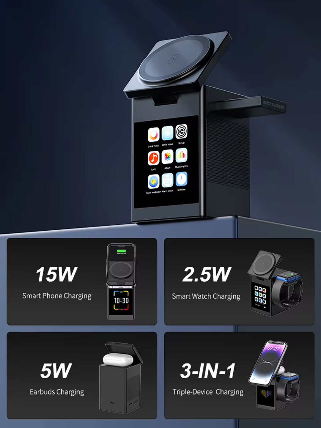 Зарядное устройство Savdo S5D, для iPhone/AirPods/iWatch, черное, серое, Wi-Fi, Bluetooth