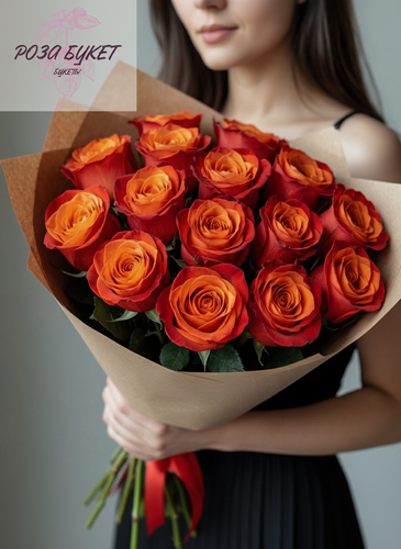 Изображение товара Букет цветов, букет из 15 оранжевых роз в упаковке 70 см, долгий букет, долго стоящие цветы, премиум