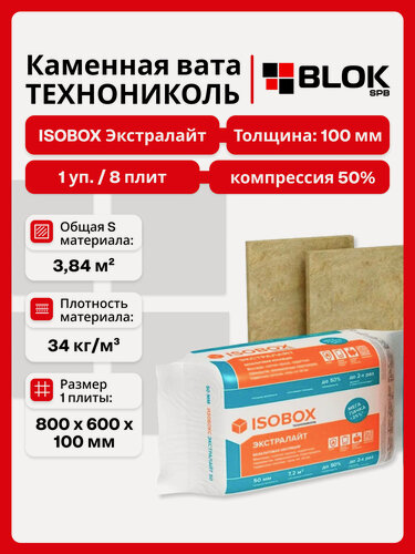 Изображение товара ISOBOX экстралайт 800х600х100 мм, 50% компрессия (1 уп. / 3,84 м2 / 8 шт.) утеплитель Изобокс для стен, пола, крыши