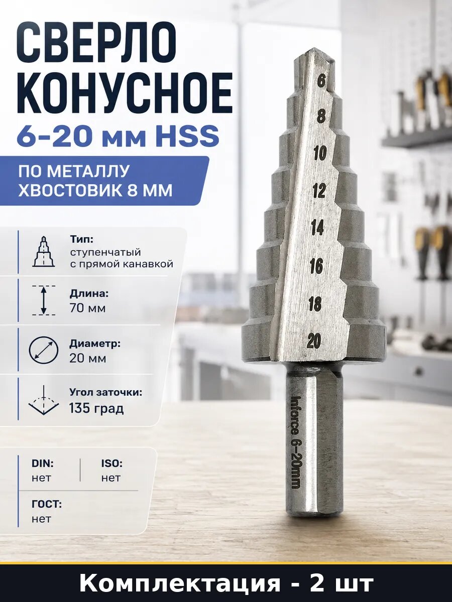 Сверло ступенчатое HSS M42 6-20 мм рабочая длина 47 мм 2 шт