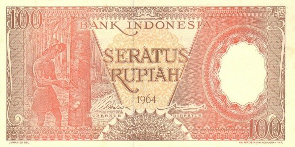Индонезия 100 рупий 1964 г. Сборщик каучука  UNC