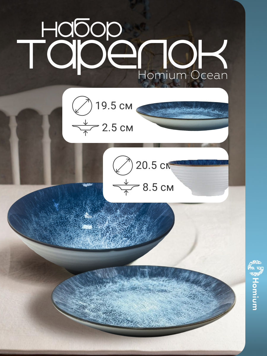 Набор тарелок для сервировки первых и вторых блюд Homium, Japanese Collection, Ocean, 2шт, цвет сине-голубой