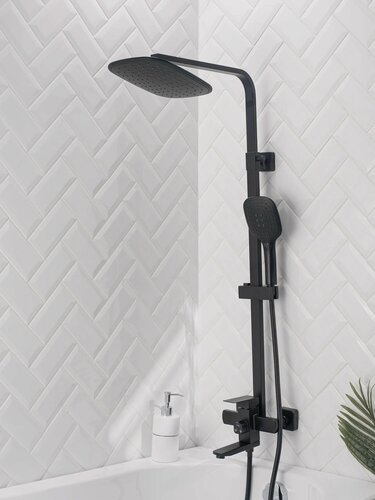 Изображение товара Душевая стойка, РМС SUS125BL-009DK, нержавеющая сталь, черная, со смесителем, тропический душ