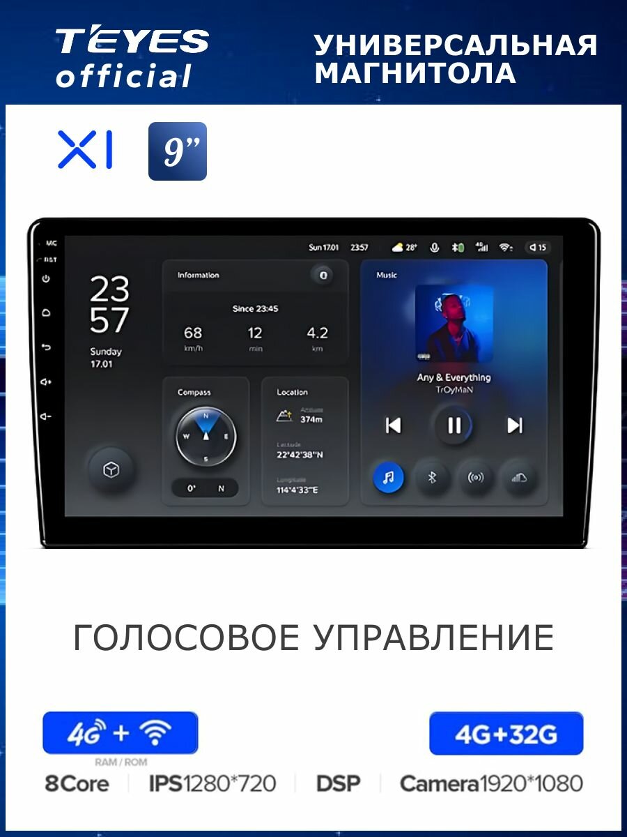 Магнитола Teyes X1 4G 4/32GB Универсальная 9 дюймов, 8-ми ядерный процессор, IPS экран, DSP, 4G, Wi-Fi, 2 DIN