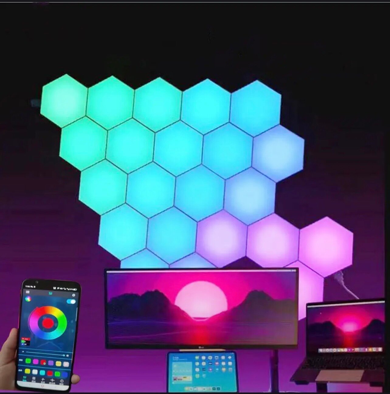 Умный RGB модульный, декоративный светильник "соты" со светомузыкой 8 шт