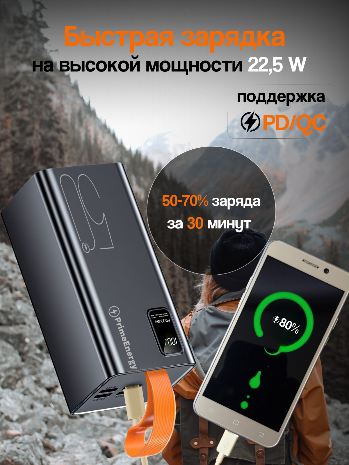 Повербанк Powerbank 50000mah с быстрой зарядкой, внешний аккумулятор для телефона iPhone, Xiaomi, Samsung, черный — фото 1