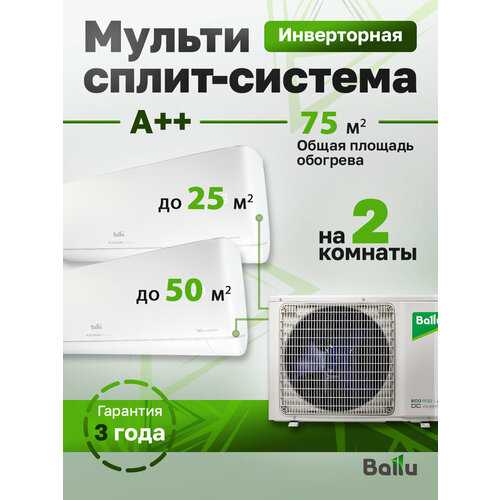 фото Mульти сплит-система на 2 комнаты 25+50м2 инвертор ballu free match ba3oi-fm-21hn8/eu + bsui-fm-09hn8/eu + bsui-fm-18hn8/eu
