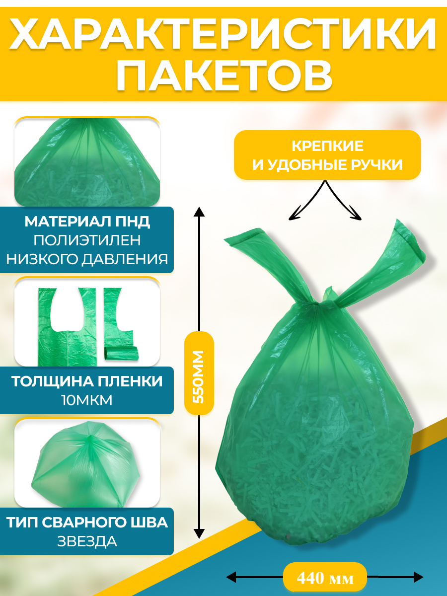 Мешки для мусора с ручками в рулоне БИОразлагаемые Крепак, ПНД, экологичные 20 л х 20 шт, 10 мкм, зеленые для офиса сада — фото 1