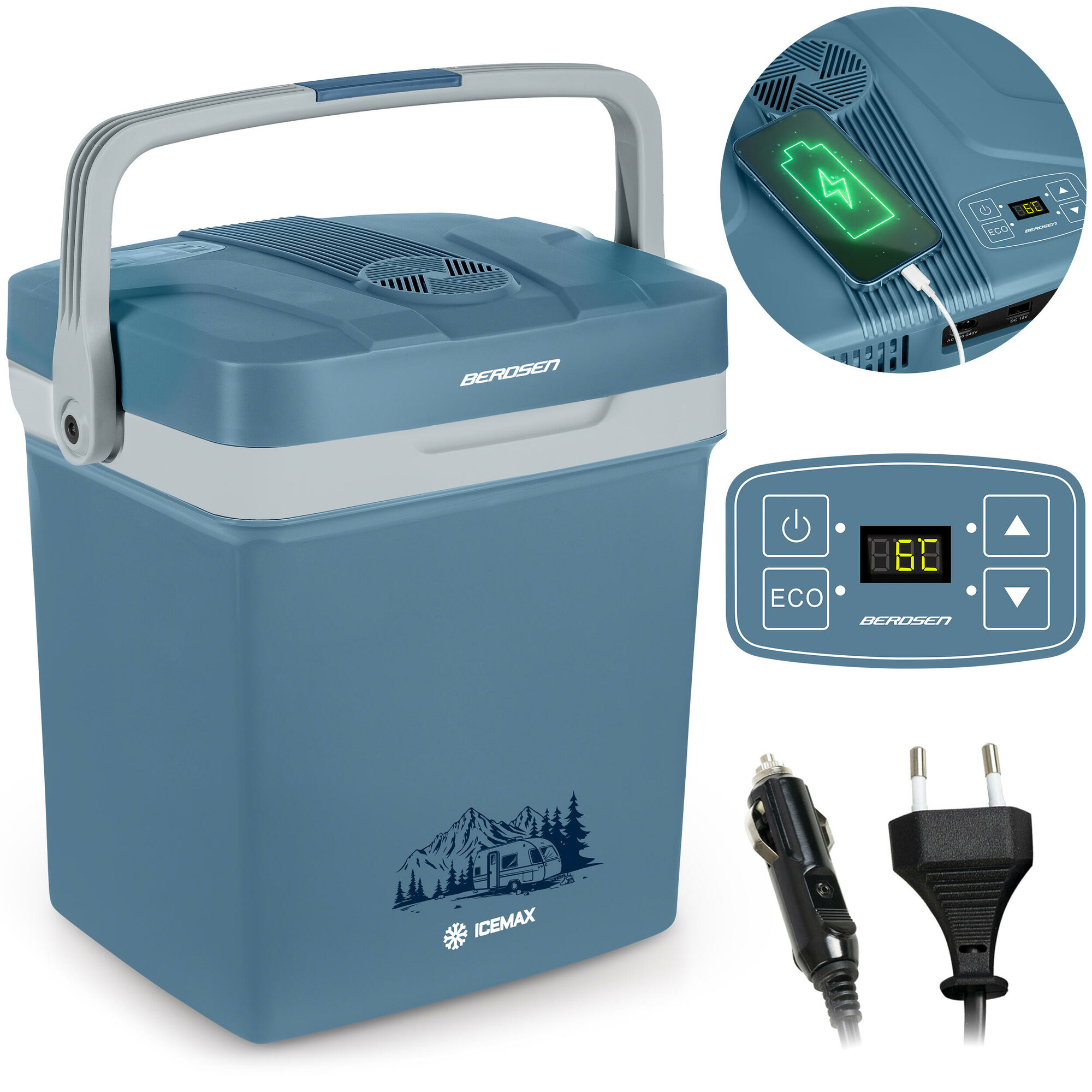 Decathlon Автомобильный туристический холодильник Berdsen 12V/230V 26 л, электронный дисплей, функция ECO, синий/серый