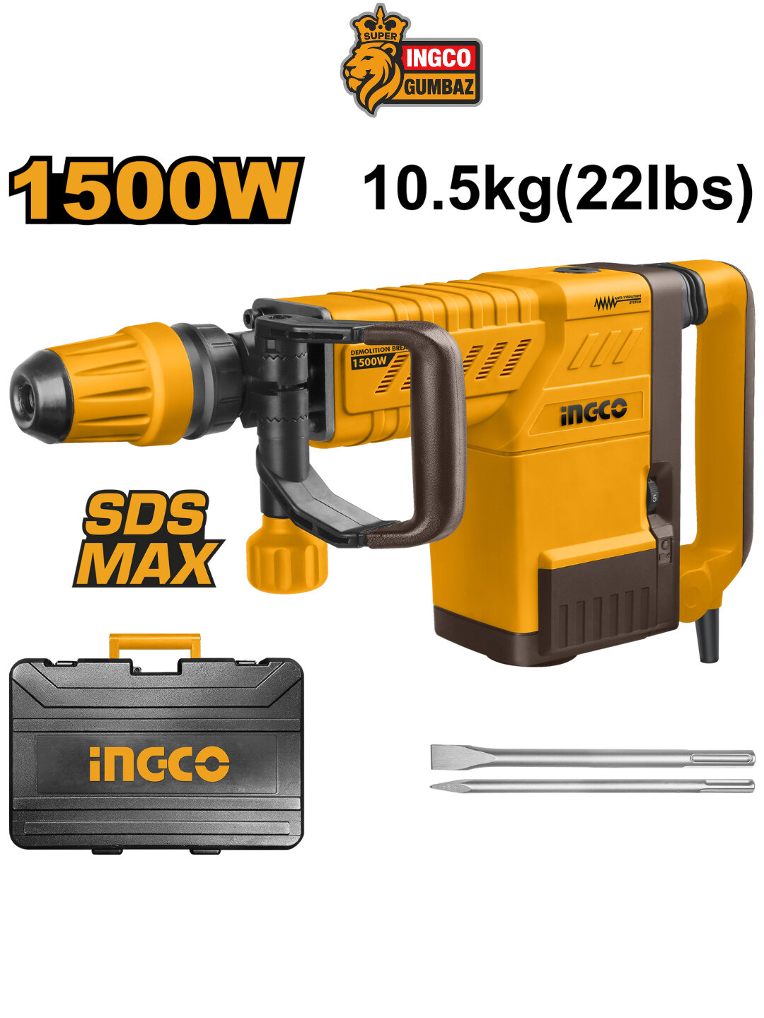 Отбойный молоток INGCO PDB15006 INDUSTRIAL, мощность 1,5 кВт, в кейсе — фото 1