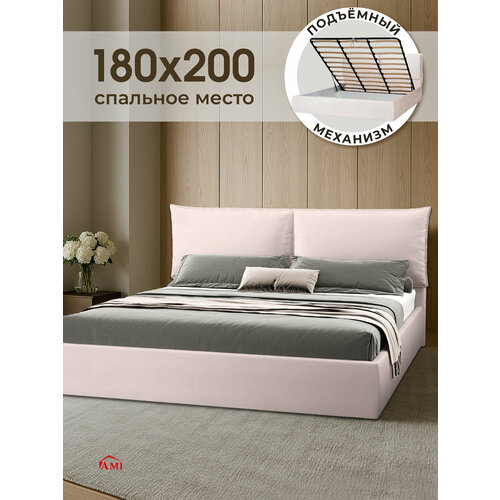 фото Двуспальная кровать 180х200 с подъемным механизмом британия, с ящиками и мягким изголовьем, бархат белый, ами мебель ami