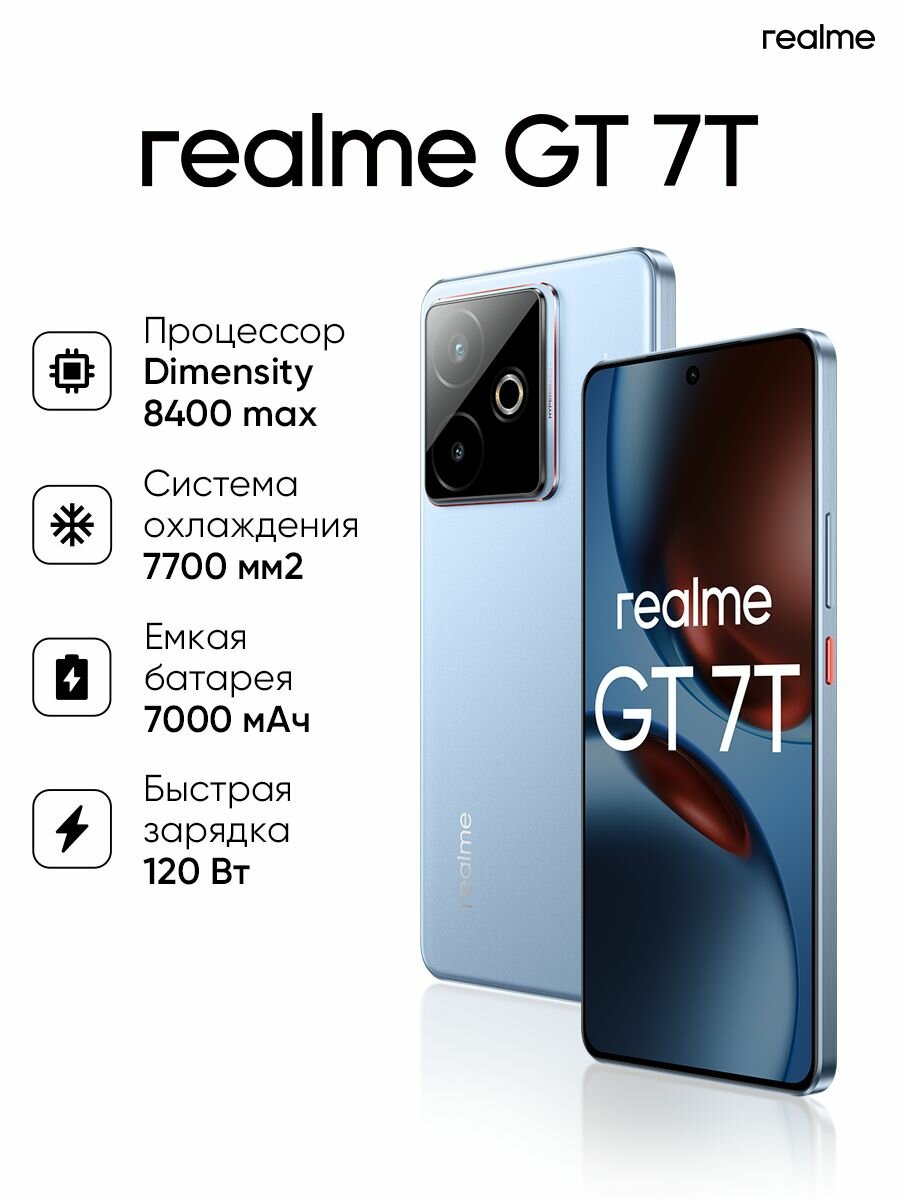 Смартфон realme GT 7T, 12 ГБ/512 ГБ, 7000mAh, быстрая зарядка 120Вт, двойная камера, Синий ледник