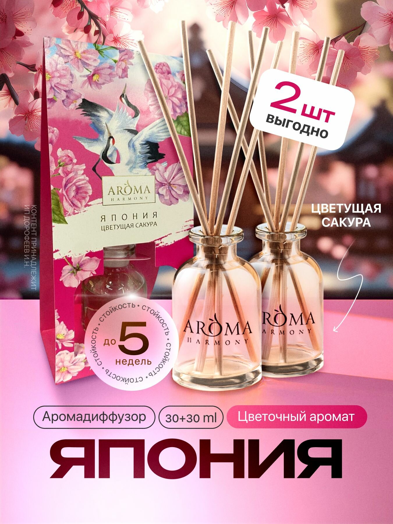 Диффузор для дома  ароматизатор с палочками Aroma Harmony страны Япония  2 штх30 мл
