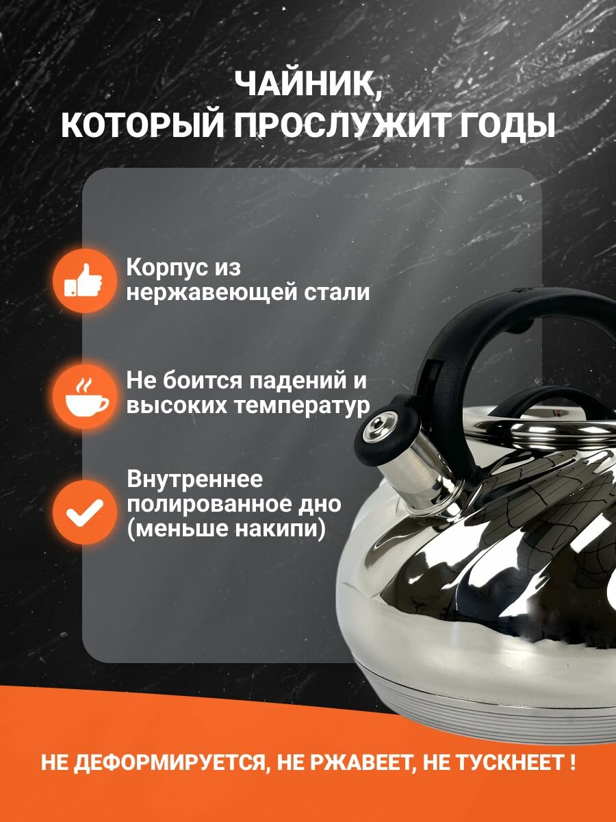 Чайник со свистком Мой Дом, нержавеющая сталь, 5л, серебристый — фото 1