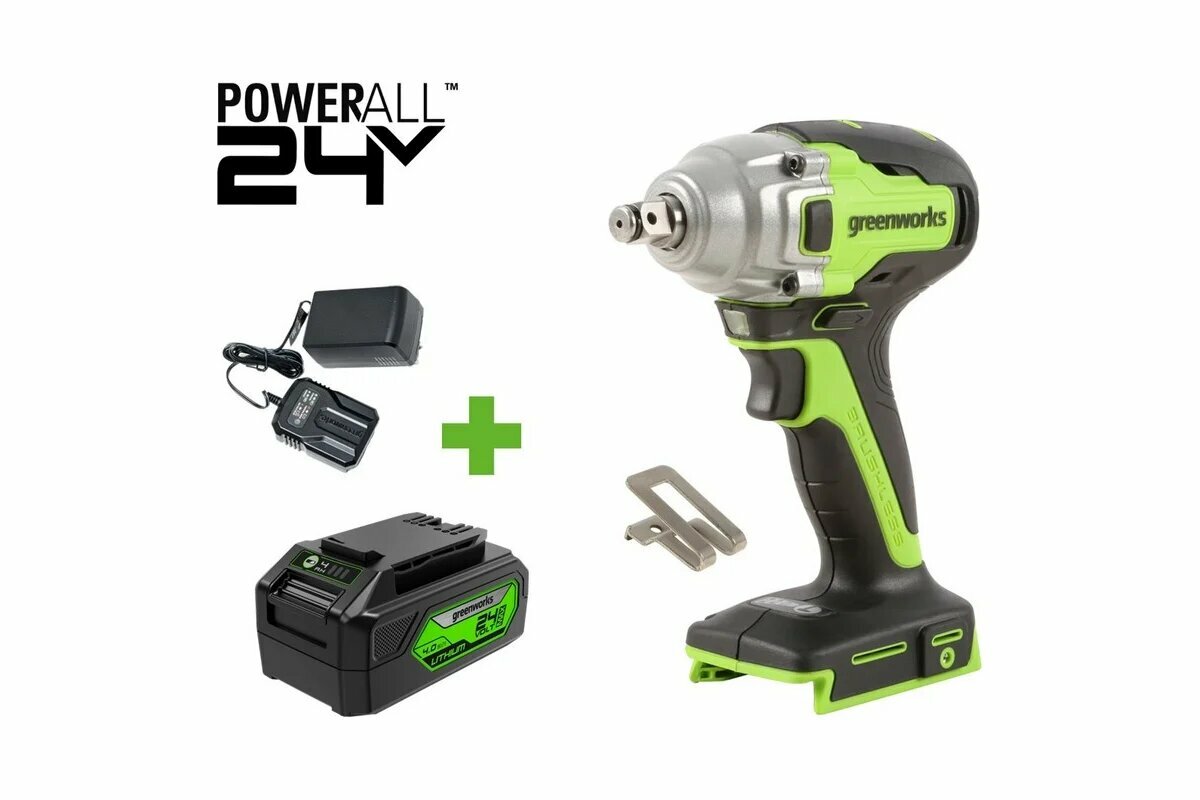 Гайковерт ударный GreenWorks GD24IW400 24V б/щет 0-2800об/мин 4000уд/мин 1/2' 400Нм 1x4Ач ЗУ коробка 3802907VUB