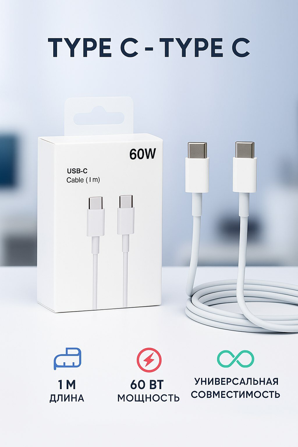 Кабель Type C- Type-C USB-C 1м белый термопластичный эластомер провод для зарядки телефона