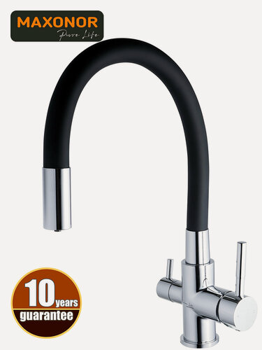 Изображение товара Гибкий смеситель для кухни с подключением фильтра питьевой воды Maxonor PURE LIFE PL4461-17 Хром / Черный