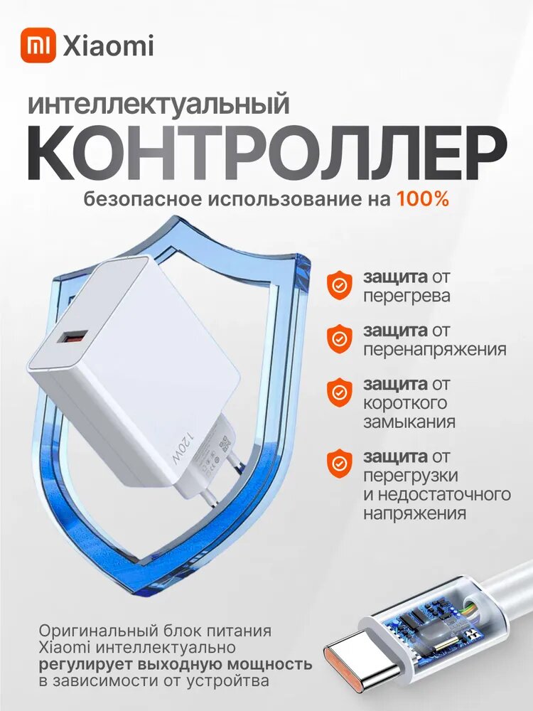 Зарядное устройство для телефона с кабелем 120W Xiaomi / Зарядный блок Type C с кабелем — фото 1