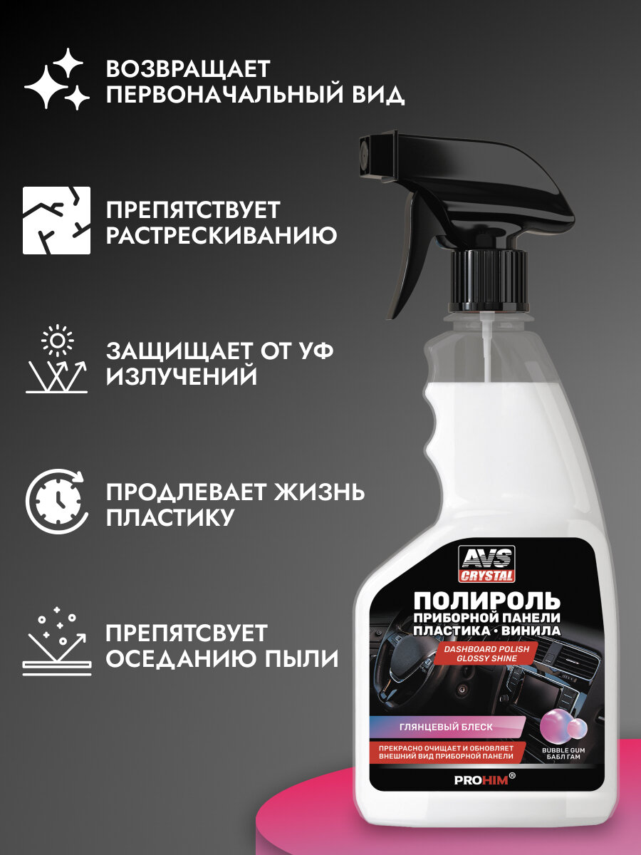 Полироль AVS AVK-681, глянцевый, для приборной панели, 500мл, триггер, аромат bubble gum — фото 1