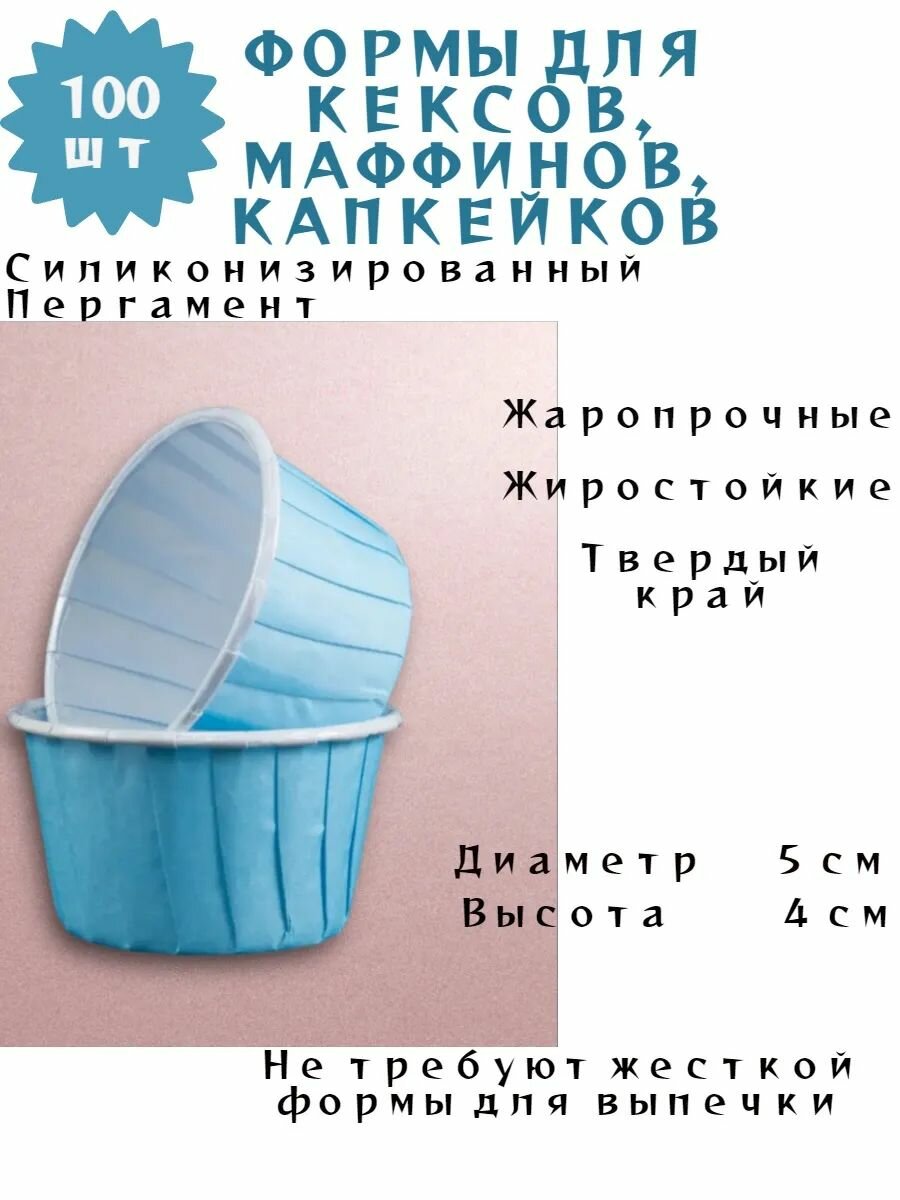 Бумажные формы для кексов, капкейков, маффинов, 100 шт (голубой)