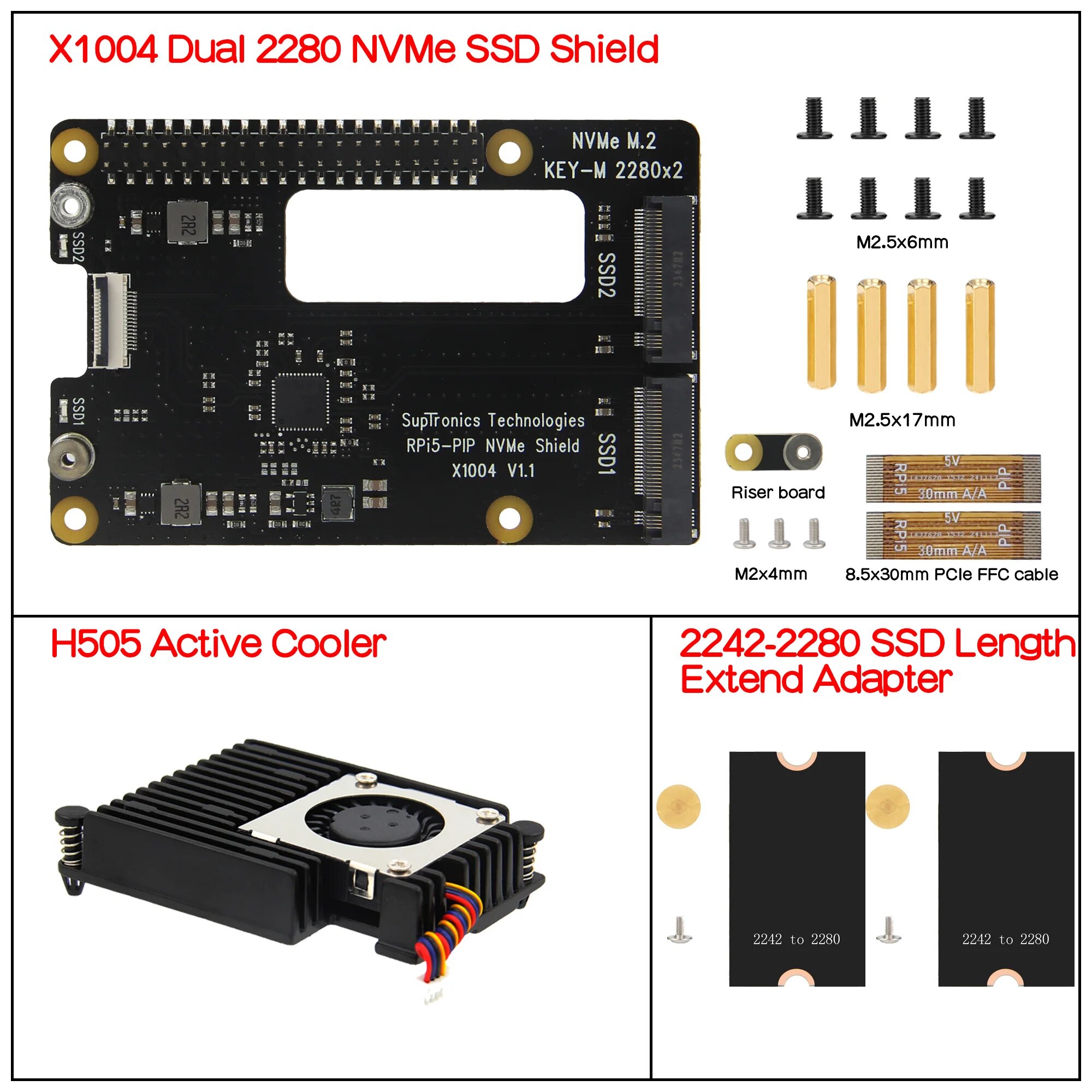 Geekworm X1004 Двойной NVMe SSD щит с кулером для Raspberry Pi 5