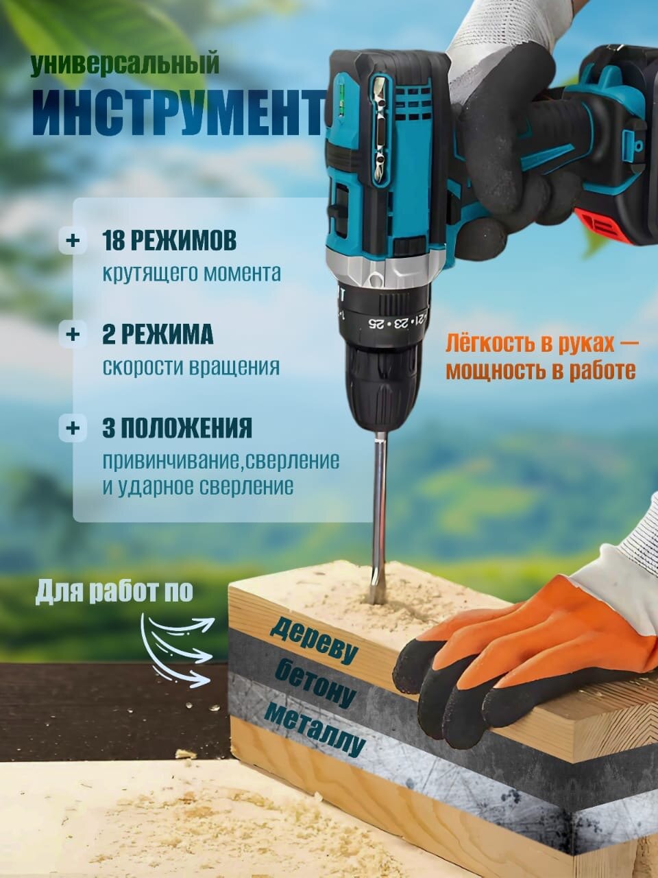 Ударная дрель-шуруповерт с 2-мя аккумуляторами, зарядным устройством и набором аксессуаров, черный/синий — фото 1