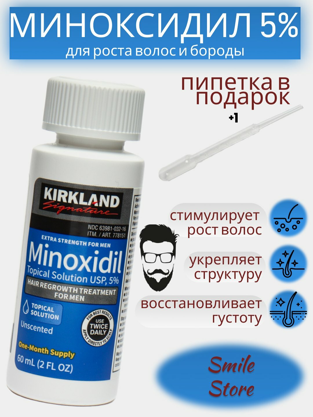 Миноксидил 10% Minoxidil Topical Solution USP 5%, для роста волос и бороды, 60 мл